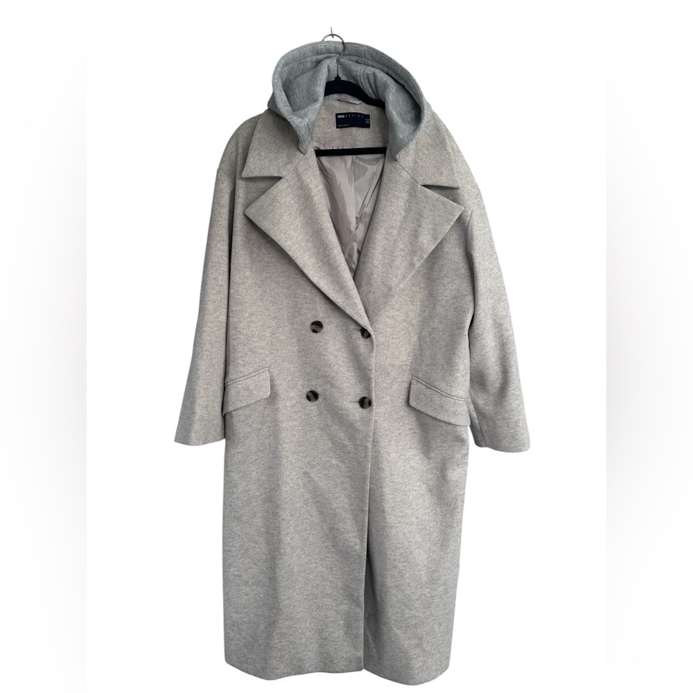ASOS DESIGN wool look overcoat in tan with grey jersey hood